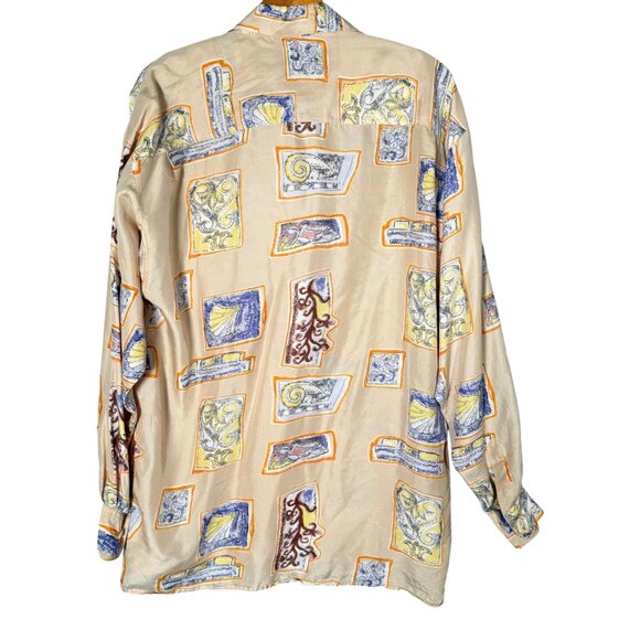 Vintage Dalmys 100% Silk Button Down Shirt Tan Abstract Oversized Artsy M - Picture 2 of 8